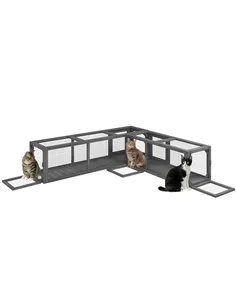 PawHut Cat Tunnel, 250cm Extra Long Wooden Cat Play Tunnel with 8 Doors, L-shape/Rectangle, Outdoor Cat Enclosure, Dark Grey
