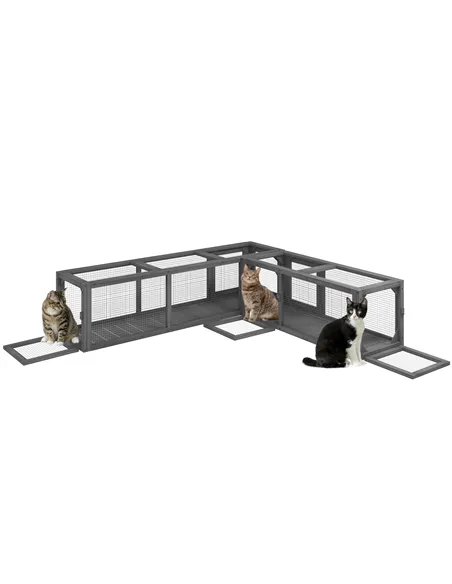 PawHut Cat Tunnel, 250cm Extra Long Wooden Cat Play Tunnel with 8 Doors, L-shape/Rectangle, Outdoor Cat Enclosure, Dark Grey
