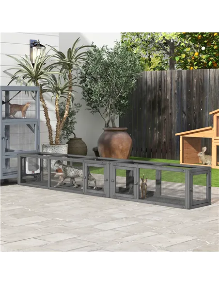 PawHut Cat Tunnel, 250cm Extra Long Wooden Cat Play Tunnel with 8 Doors, L-shape/Rectangle, Outdoor Cat Enclosure, Dark Grey