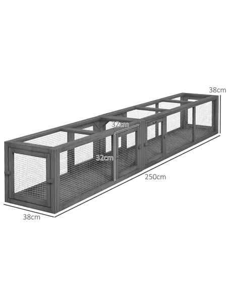PawHut Cat Tunnel, 250cm Extra Long Wooden Cat Play Tunnel with 8 Doors, L-shape/Rectangle, Outdoor Cat Enclosure, Dark Grey