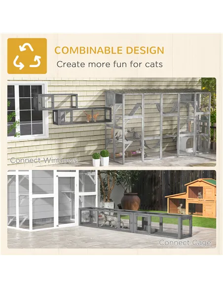 PawHut Cat Tunnel, 250cm Extra Long Wooden Cat Play Tunnel with 8 Doors, L-shape/Rectangle, Outdoor Cat Enclosure, Dark Grey