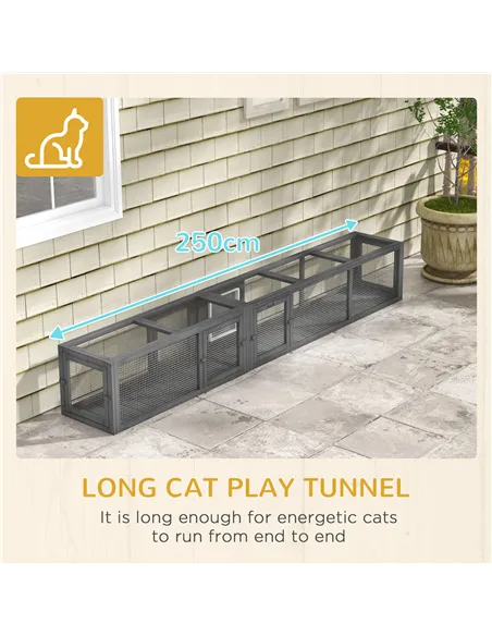 PawHut Cat Tunnel, 250cm Extra Long Wooden Cat Play Tunnel with 8 Doors, L-shape/Rectangle, Outdoor Cat Enclosure, Dark Grey