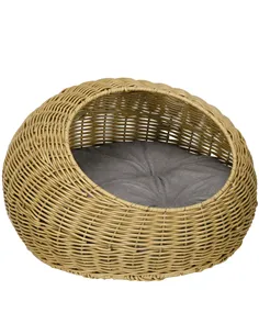 PawHut Wicker Cat House with Washable Cushion for Indoor Cats, Light Brown