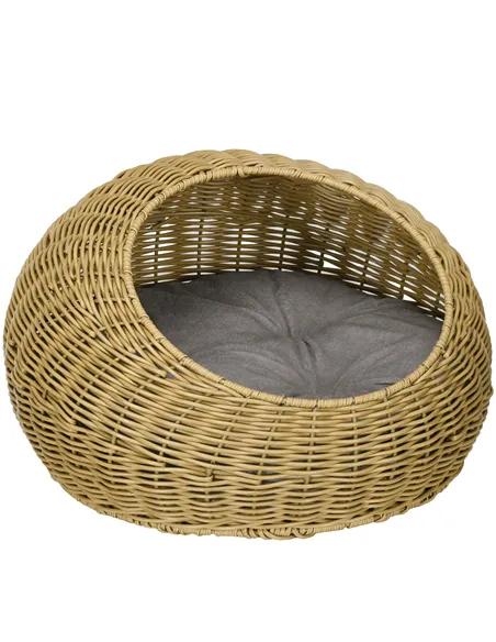 PawHut Wicker Cat House with Washable Cushion for Indoor Cats, Light Brown