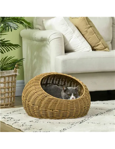 PawHut Wicker Cat House with Washable Cushion for Indoor Cats, Light Brown