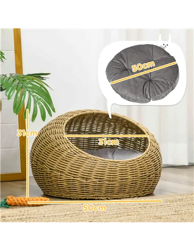 PawHut Wicker Cat House with Washable Cushion for Indoor Cats, Light Brown
