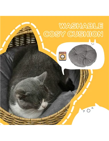 PawHut Wicker Cat House with Washable Cushion for Indoor Cats, Light Brown