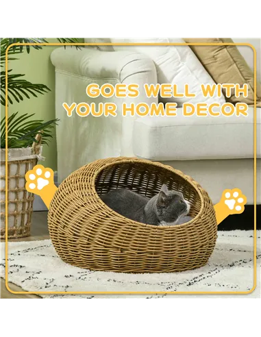 PawHut Wicker Cat House with Washable Cushion for Indoor Cats, Light Brown