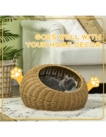 PawHut Wicker Cat House with Washable Cushion for Indoor Cats, Light Brown