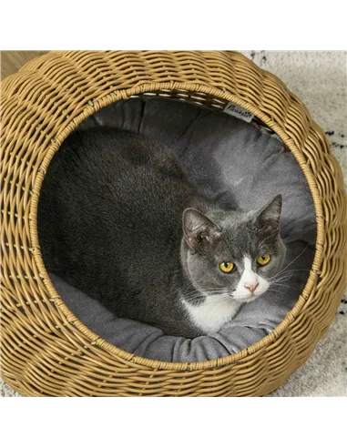 PawHut Wicker Cat House with Washable Cushion for Indoor Cats, Light Brown