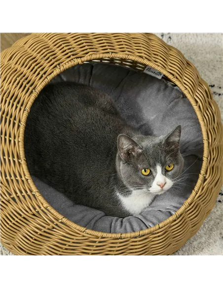 PawHut Wicker Cat House with Washable Cushion for Indoor Cats, Light Brown