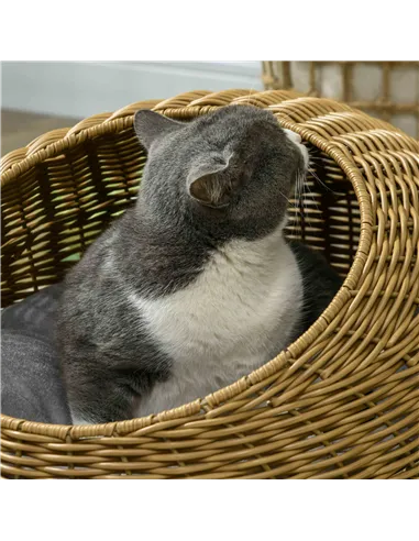 PawHut Wicker Cat House with Washable Cushion for Indoor Cats, Light Brown