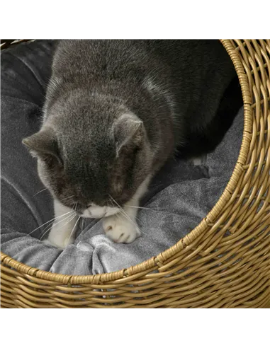 PawHut Wicker Cat House with Washable Cushion for Indoor Cats, Light Brown