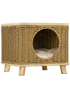 PawHut Elevated Design Wicker Cat House with Washable Cushion, Light Brown