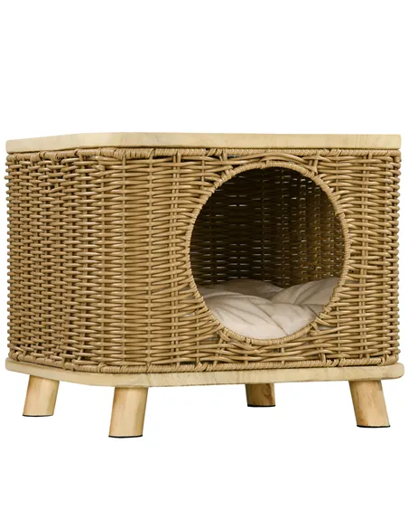 PawHut Elevated Design Wicker Cat House with Washable Cushion, Light Brown