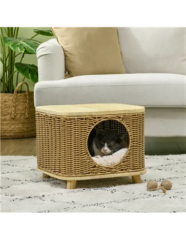 PawHut Elevated Design Wicker Cat House with Washable Cushion, Light Brown
