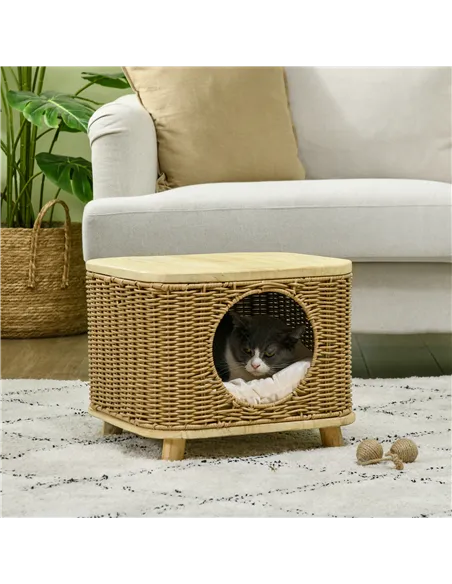PawHut Elevated Design Wicker Cat House with Washable Cushion, Light Brown