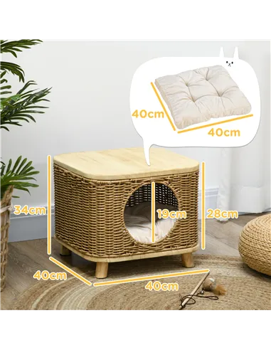PawHut Elevated Design Wicker Cat House with Washable Cushion, Light Brown