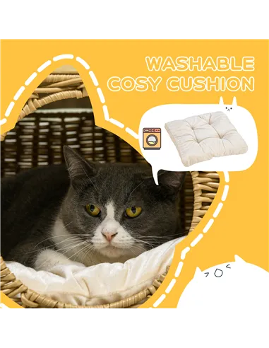 PawHut Elevated Design Wicker Cat House with Washable Cushion, Light Brown