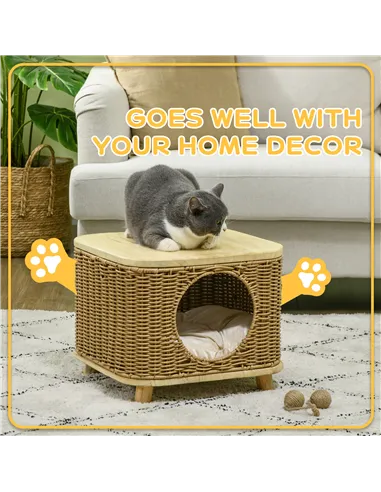 PawHut Elevated Design Wicker Cat House with Washable Cushion, Light Brown