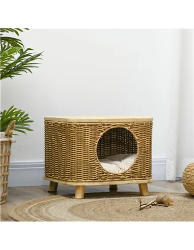 PawHut Elevated Design Wicker Cat House with Washable Cushion, Light Brown