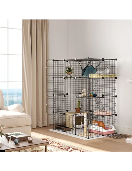 PawHut Four-Tier DIY Large Cat Cage with Hammock, Ramps, Five Doors, Indoor Use for 1-3 Cats, Black