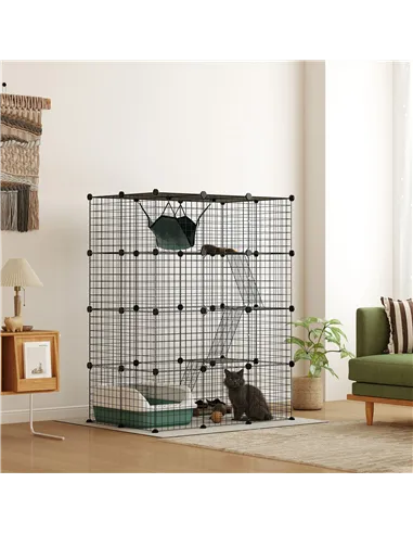 PawHut Four-Tier DIY Large Cat Cage with Hammock, Ramps, Five Doors, Indoor Use for 1-3 Cats, Black