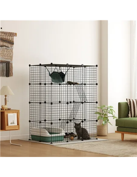 PawHut Four-Tier DIY Large Cat Cage with Hammock, Ramps, Five Doors, Indoor Use for 1-3 Cats, Black