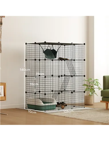 PawHut Four-Tier DIY Large Cat Cage with Hammock, Ramps, Five Doors, Indoor Use for 1-3 Cats, Black