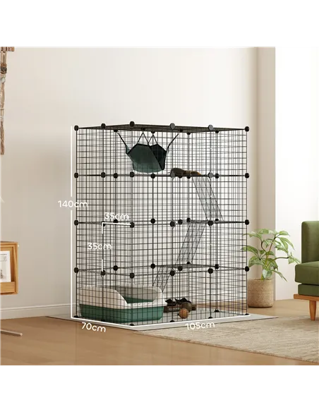 PawHut Four-Tier DIY Large Cat Cage with Hammock, Ramps, Five Doors, Indoor Use for 1-3 Cats, Black