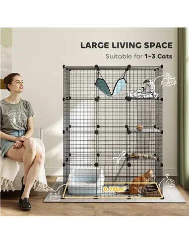 PawHut Four-Tier DIY Large Cat Cage with Hammock, Ramps, Five Doors, Indoor Use for 1-3 Cats, Black