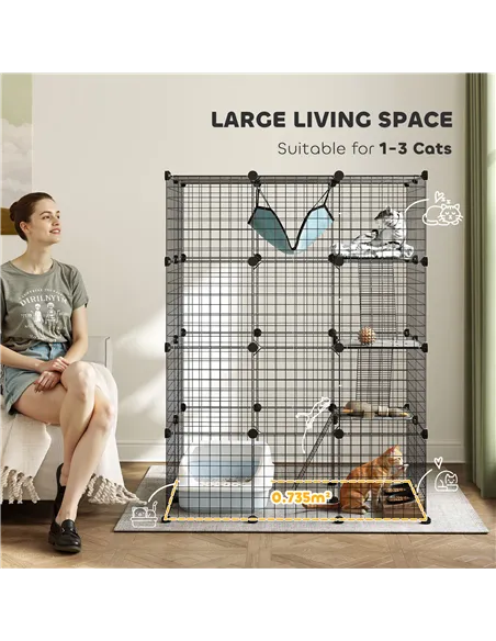 PawHut Four-Tier DIY Large Cat Cage with Hammock, Ramps, Five Doors, Indoor Use for 1-3 Cats, Black