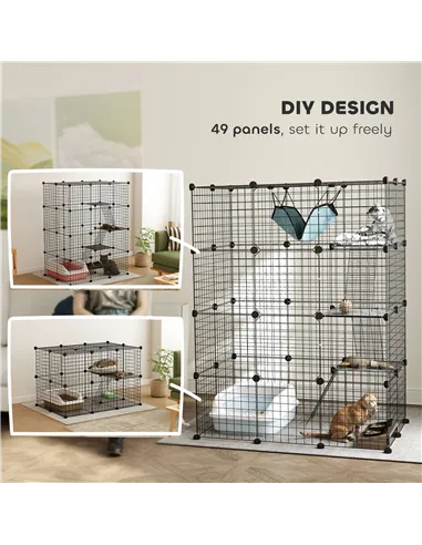 PawHut Four-Tier DIY Large Cat Cage with Hammock, Ramps, Five Doors, Indoor Use for 1-3 Cats, Black