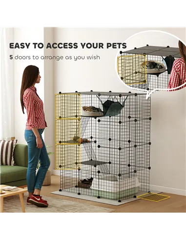 PawHut Four-Tier DIY Large Cat Cage with Hammock, Ramps, Five Doors, Indoor Use for 1-3 Cats, Black