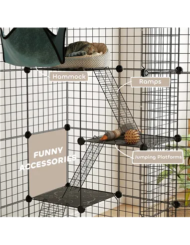 PawHut Four-Tier DIY Large Cat Cage with Hammock, Ramps, Five Doors, Indoor Use for 1-3 Cats, Black