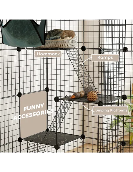 PawHut Four-Tier DIY Large Cat Cage with Hammock, Ramps, Five Doors, Indoor Use for 1-3 Cats, Black