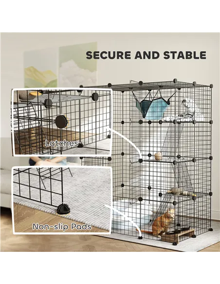PawHut Four-Tier DIY Large Cat Cage with Hammock, Ramps, Five Doors, Indoor Use for 1-3 Cats, Black