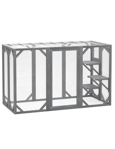 PawHut 71" Outdoor Wooden Cat House with Three Platforms, Large Door, Water-Resistant Roof, for Multiple Cats, Grey