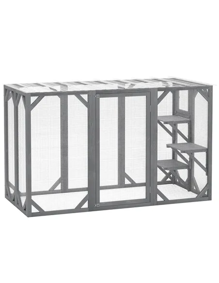 PawHut 71" Outdoor Wooden Cat House with Three Platforms, Large Door, Water-Resistant Roof, for Multiple Cats, Grey