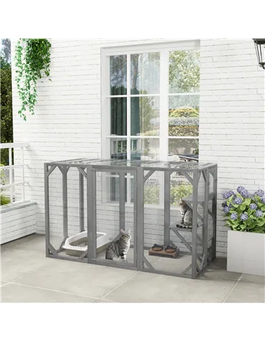 PawHut 71" Outdoor Wooden Cat House with Three Platforms, Large Door, Water-Resistant Roof, for Multiple Cats, Grey