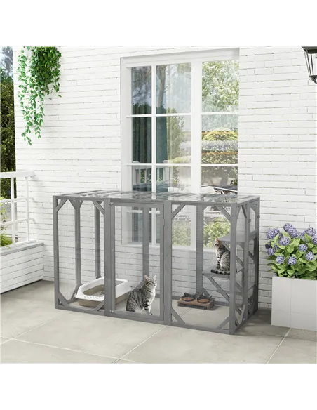 PawHut 71" Outdoor Wooden Cat House with Three Platforms, Large Door, Water-Resistant Roof, for Multiple Cats, Grey