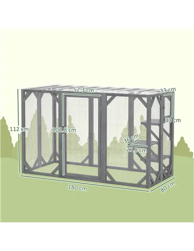PawHut 71" Outdoor Wooden Cat House with Three Platforms, Large Door, Water-Resistant Roof, for Multiple Cats, Grey