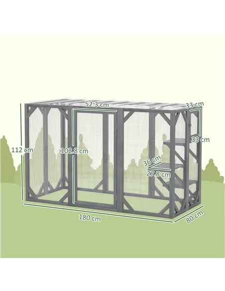 PawHut 71" Outdoor Wooden Cat House with Three Platforms, Large Door, Water-Resistant Roof, for Multiple Cats, Grey