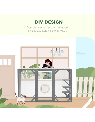 PawHut 71" Outdoor Wooden Cat House with Three Platforms, Large Door, Water-Resistant Roof, for Multiple Cats, Grey