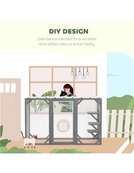 PawHut 71" Outdoor Wooden Cat House with Three Platforms, Large Door, Water-Resistant Roof, for Multiple Cats, Grey