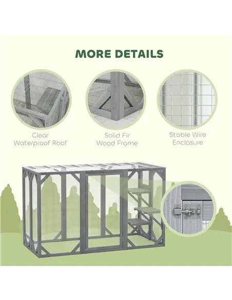 PawHut 71" Outdoor Wooden Cat House with Three Platforms, Large Door, Water-Resistant Roof, for Multiple Cats, Grey