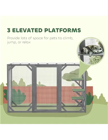 PawHut 71" Outdoor Wooden Cat House with Three Platforms, Large Door, Water-Resistant Roof, for Multiple Cats, Grey