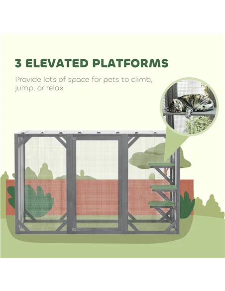 PawHut 71" Outdoor Wooden Cat House with Three Platforms, Large Door, Water-Resistant Roof, for Multiple Cats, Grey