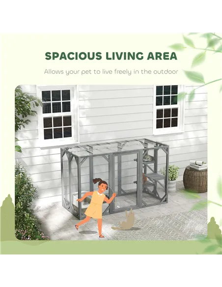 PawHut 71" Outdoor Wooden Cat House with Three Platforms, Large Door, Water-Resistant Roof, for Multiple Cats, Grey