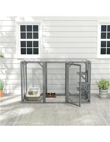 PawHut 71" Outdoor Wooden Cat House with Three Platforms, Large Door, Water-Resistant Roof, for Multiple Cats, Grey